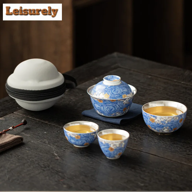 Gilt Silver Starry Sky Travel Tea Set Kit Luxury 1 Pot 3 Cups Tea Making Organizer Portable Outdoor Tote Bag Supplies Ornaments