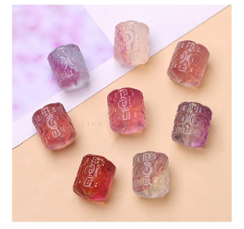 10 teile/los natürliche Fluorit gemusterte zylindrische Form geschnitzte Perle mit Loch Anhänger für Schmuck machen DIY Halskette Armband – Detail 7