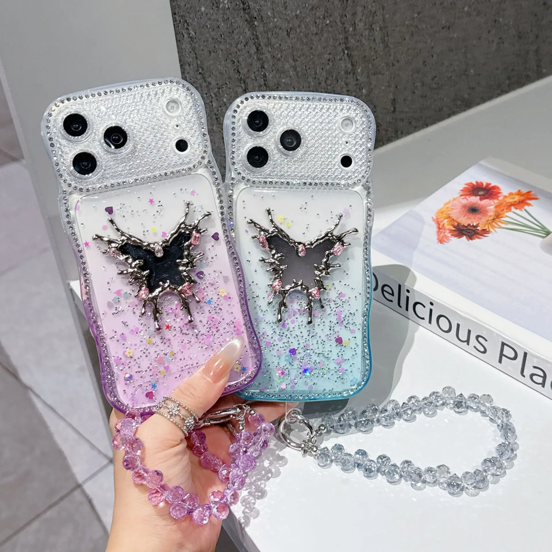 Butterfly Makeup Mirror Sparkling Diamond Case with Bracelet and Mirror Film