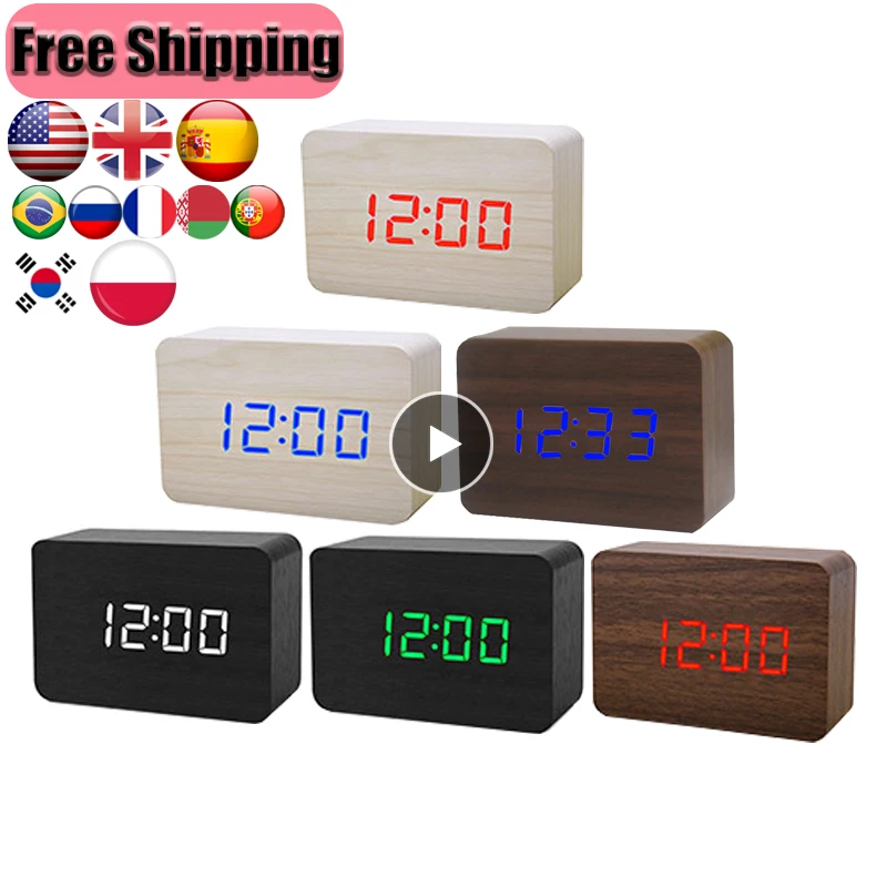 

LED Wooden Alarm Clocks Digital Sunrise Table Clocks Desk Decoration AAA/USB Voice Control Temperature Display Watche Home Decor