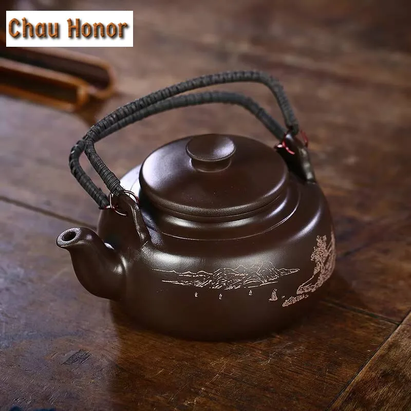 770ml Authentic Yixing Raw Ore Purple Clay High Capacity Loop-handled Teapot  Handmade Sculpture Landscape Chinese Kungfu Teaset