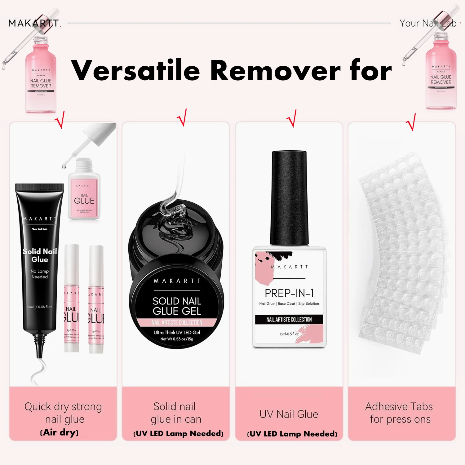Makartt Solid Nail Glue for Press on Nails, Nail Glue Remover for UV Nail Glue, Non acetone Gentle Glue Off for False Nails Glue 6