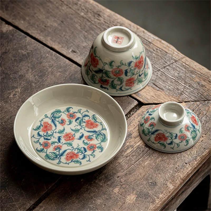 Retro Blue and White Tea Tureen Teacup Ceramic Kung Fu Tea Set Single Pot Bearing Large Three-talent Cup Bowl Gift Box