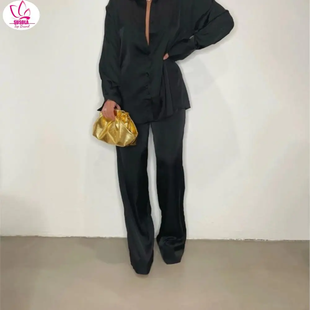 

Women's Elegant Satin Trousers Two Pieces Sets Casual Long Sleeve Shirt Straight Pants Suit 2024 Female Chic Solid Tops Outfits