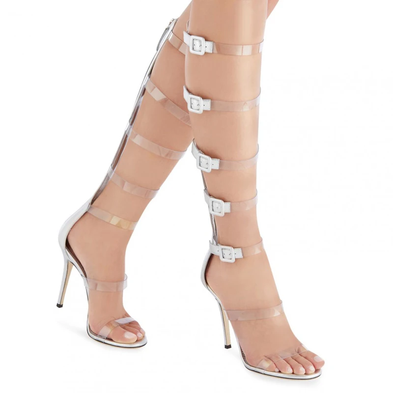 

Silver Buckled Clear PVC Strap Sandals Boots Stiletto High Heel Transparent Strappy Gladiator Cutout Summer Knee Boots Shoes