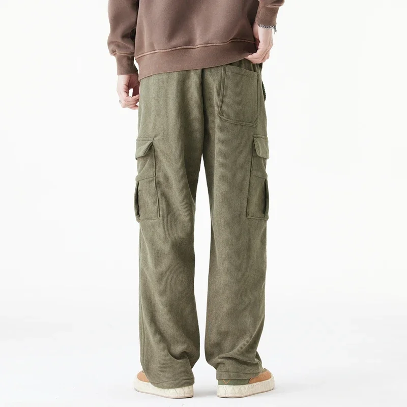 Winter Woolen Cargo Pants Thickened Men Casual Pants Solid Trousers Straight Leg Outdoors Streetwear Comfortable Fabric Unisex 5