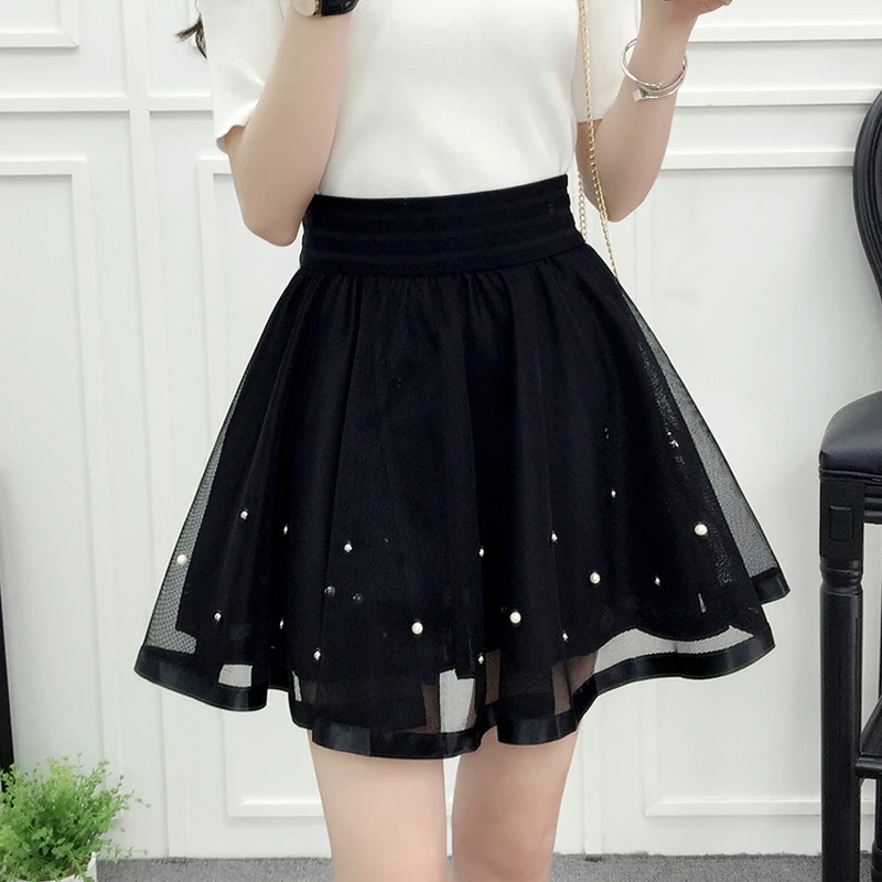 2021 New Spring Summer and Autumn Mesh Short Skirt Elastic Waist Versatile Pengpeng Skirt A-line High Waist Lace Lady Girl black mini skirt Skirts