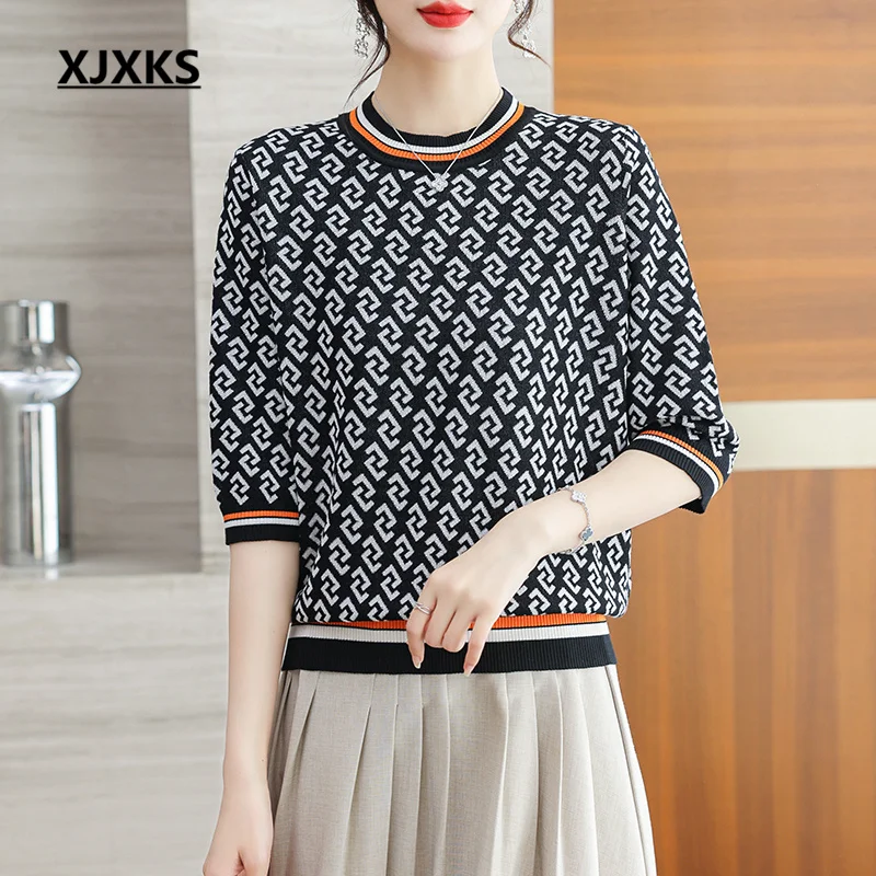 

XJXKS Round Neck Seven-point Sleeve Tops Women's T-shirt 2023 Spring And Summer New Loose Oversize Linen Knitted Shirts