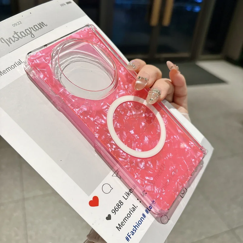 Pearlescent Shell Pattern Magnetic Ring Case For Honor Magic V6 Magic V5 Glitter Clear Shockproof Foldable Protective_voghion.com