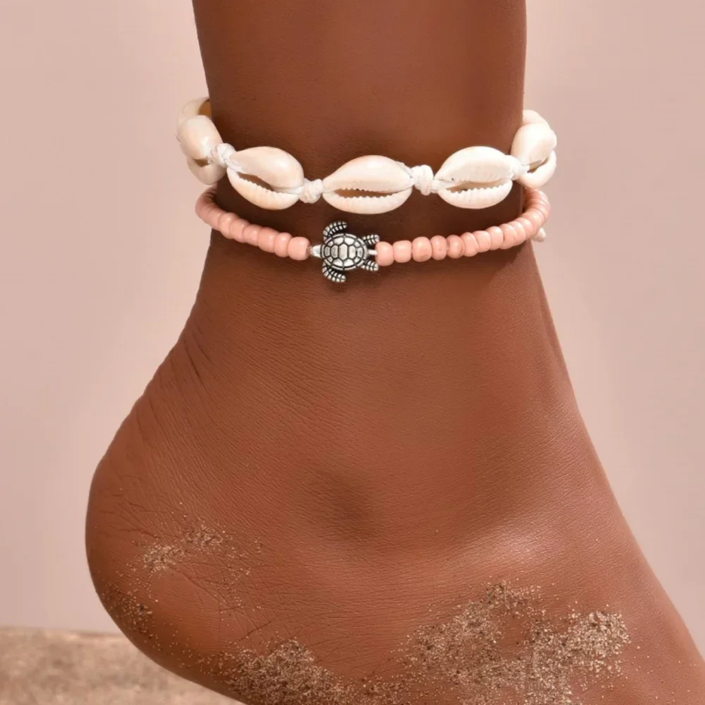 Ankle Chains Bohe Ethnic Braided Rope Chain Rice Beads Anklets Set For Women Girls Turtle Charm Foot Chain 2PCS beads anklet