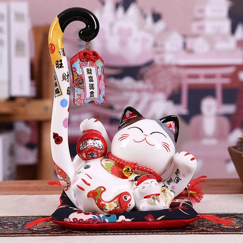SEWS-8.6 Inch Ceramic Maneki Neko Lucky Cat Money Box Coin Bank Japanese Long Tail Fortune Cat Feng Shui Home Decor 4