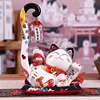 SEWS-8.6 Inch Ceramic Maneki Neko Lucky Cat Money Box Coin Bank Japanese Long Tail Fortune Cat Feng Shui Home Decor 4