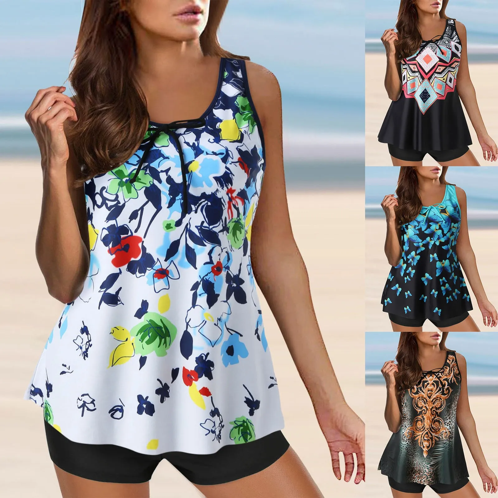 

Женский купальник, танкини, 2 предмета, обычный купальник с открытой спиной, 2 предмета, регулируемый купальник с принтом и цветным принтом для женщин, шорты