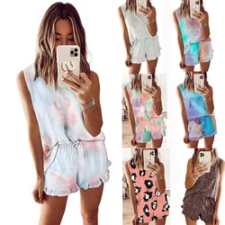 QWEEK Summer Suit for Women Suits with Shorts Gradient Color Pajamas Sleeveless Fashion Sleepwear Loungewear Pijamas Pyjamas