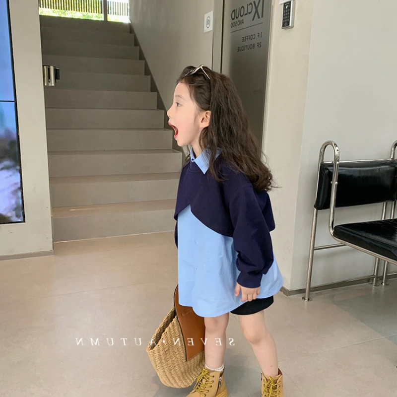 Kids Shirts Shirts Girls Blouse Autumn Spring Long Sleeve Fake Two-piece Sweatshirt Children Clothes Girl School Shirt Korean Girls Clothing