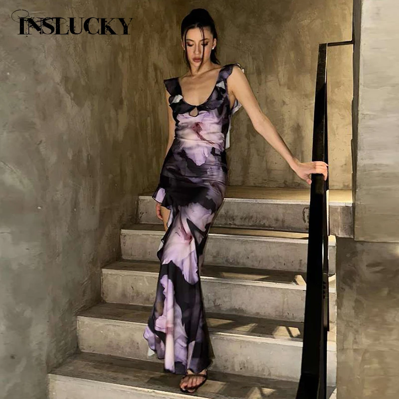 

InsLucky Vintage Print Y2K Streetwear Dress Women Ruffles Hem Club Partywear Aesthetic Clothing O Neck Sleeveless Slim Bodycon