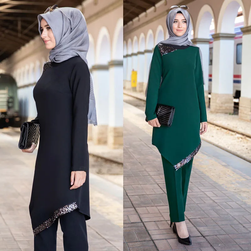 

Muslim Woman Tunic Set Two-Piece Islamic Clothing Sets Arab Dubai Turkey Ensembles Musulmans Pakistani Dress