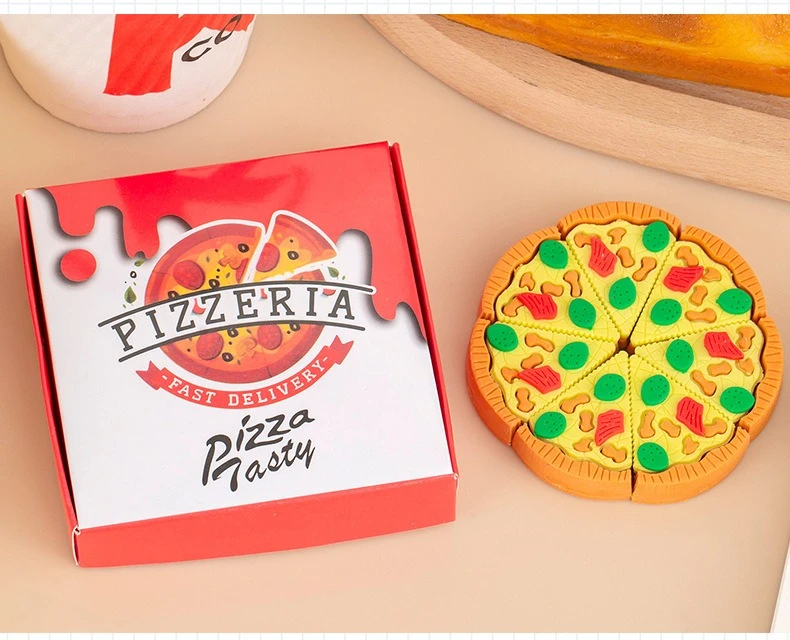 7pcs/set Festive Pizza Eraser Set Realistic Slice Toy Student Christmas Prize Box with Simulation Food Pencil Stationery Eraser