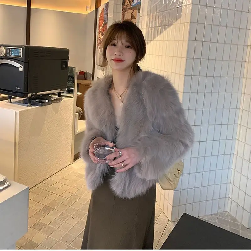 2023Autumn Winter New Lazy Wind Warm Thick Loose Imitation Fox Fur Clothing Women Short Cardigan Trend Solid Color Jacket