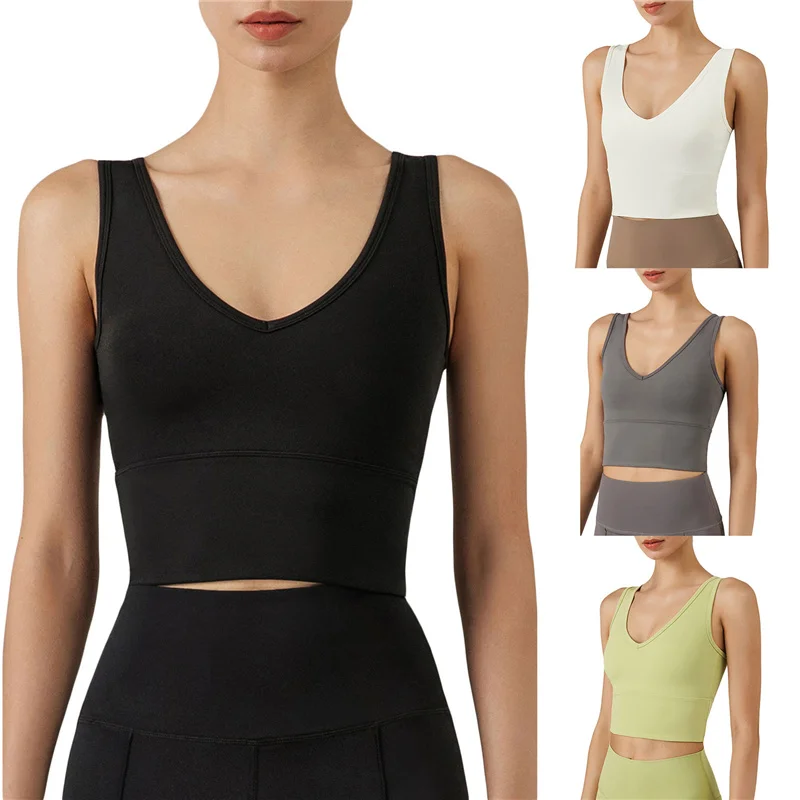 

Women's Sleeveless Navel Workout Vest, Solid Color Removable Chest Pads V-Neck Tank Tops, Ladies Backless Stretchy Fitness Tops