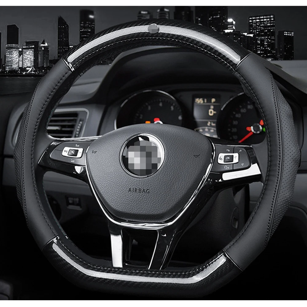 

Универсальный автомобильный чехол из натуральной кожи для руля из углеродного волокна нескользящий защитный чехол для руля 38 см для Volkswagen BMW