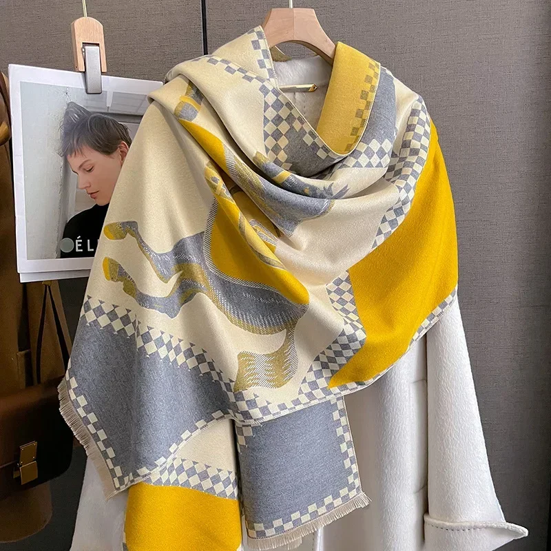 2024Horse Print Cashmere Winter Poncho Scarf Women Luxury Design Warm Shawl Thick Warp Blanket Bufanda Tassel Casual Accessories