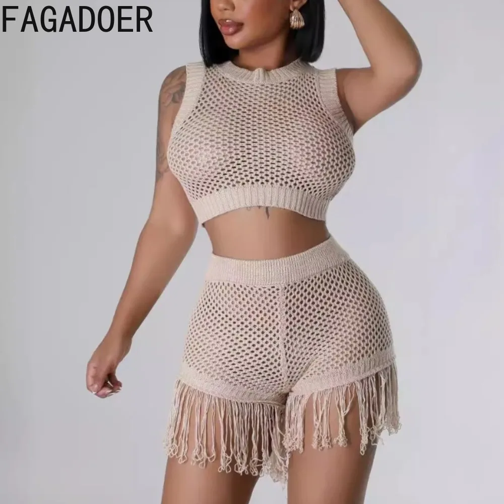 FAGADOER Summer 2024 Knit Tassel Two Piece Outfits Women See-through Crop Top and Shorts Set for Beach Vacation Street Clubwear