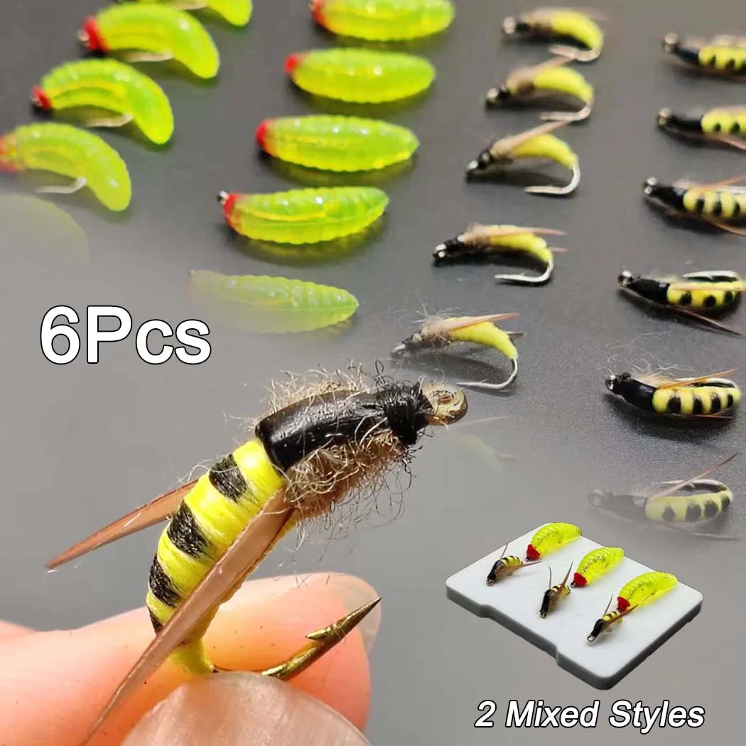 6 Stück/Karton # 10 Trockenfliegen Nymphe/2 gemischte Stile/Fliegenfischen Köder Angeln für Forelle Barsch Lachs/Motte und Wurm Künstlicher Köder mit Box