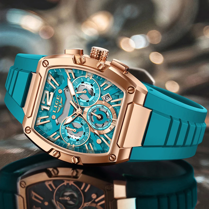 LIGE Sports Chronograph Wrist Watch For Men Square Silicone Waterproof Luminous Men Watch Calendar Quartz Watch Clock Male Gift