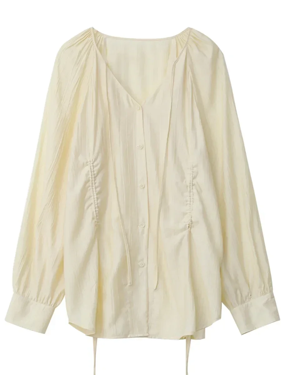 CHIC VEN 여성용 루즈한 레이스업 셔츠, 브이넥 플리츠 라글란 긴팔 블라우스, 여성용 상의, 용수철 여름, 단색, 한국 신상, 2025