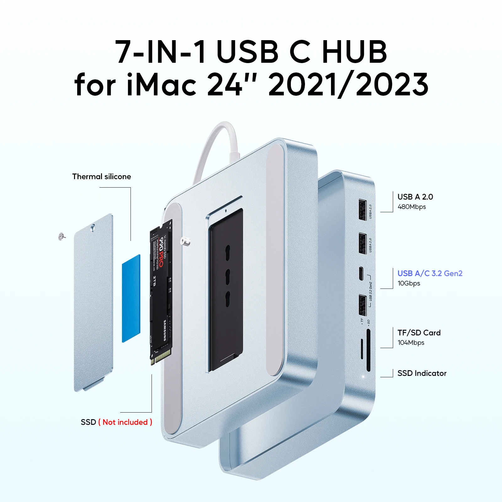 PULWTOP USB Hub iMac Accessories for  iMac 24 inch 2021/2023/2024 with USB C 10Gbps, Docking Station Support Expand M.2 SSD 2