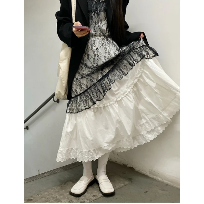 

Korean Lace Long Skirt Women Vintage Cute High Waist Loose Fairycore Tassel Patchwork A-Line Midi Skirt Mori Girl Autumn