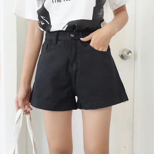 Spring New Korean Style Simple Flanging High Waist Slimming Denim Shorts Female Student All-Matching Straight Wide Leg Hot Pants compression shorts Shorts