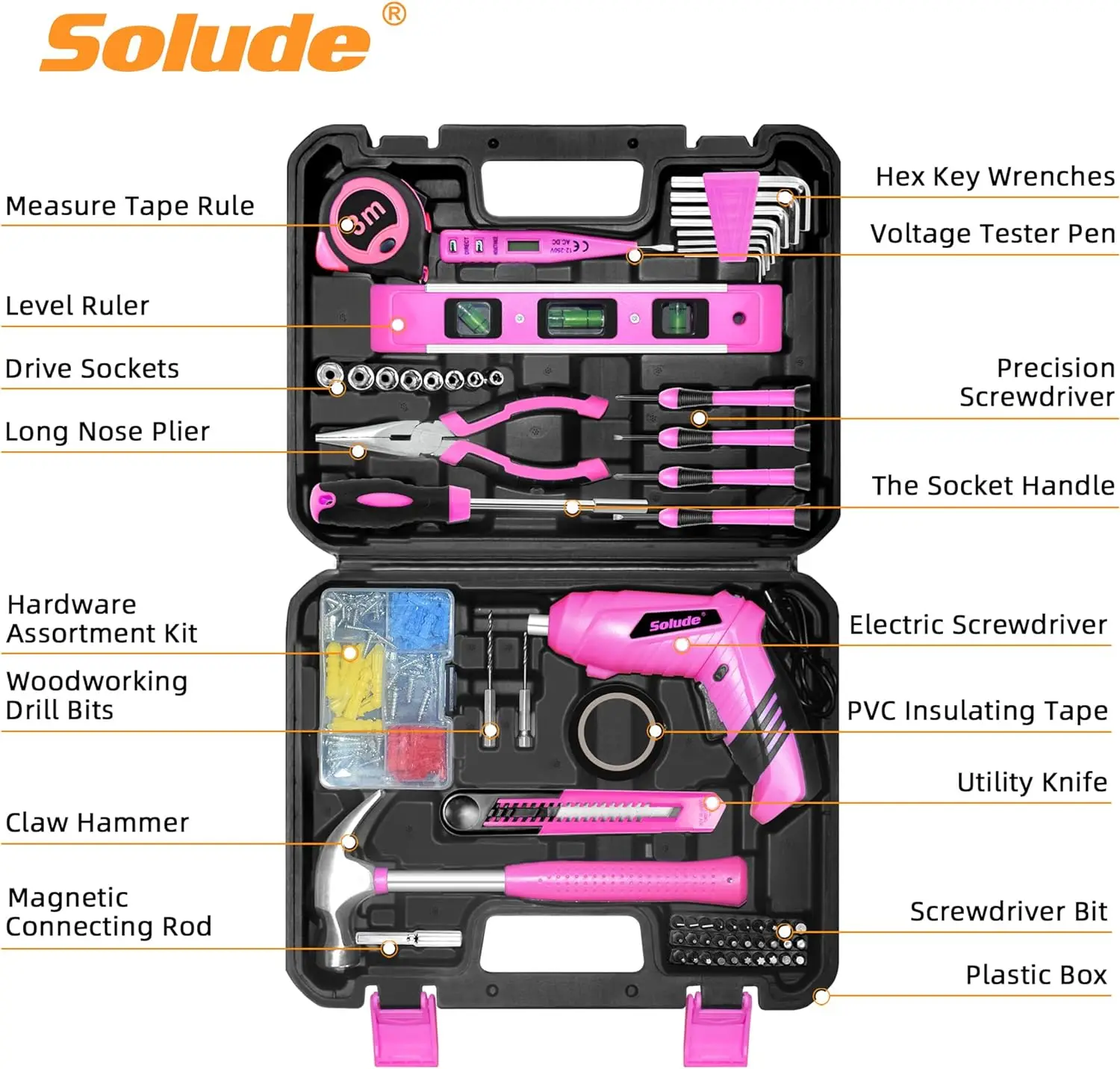 SOLUDE Pink Tool Set,130 Piece Women's Tool Kit for Home with 3.6V Cordless Rechargeable Screwdriver,Household Basic Toolkits 2