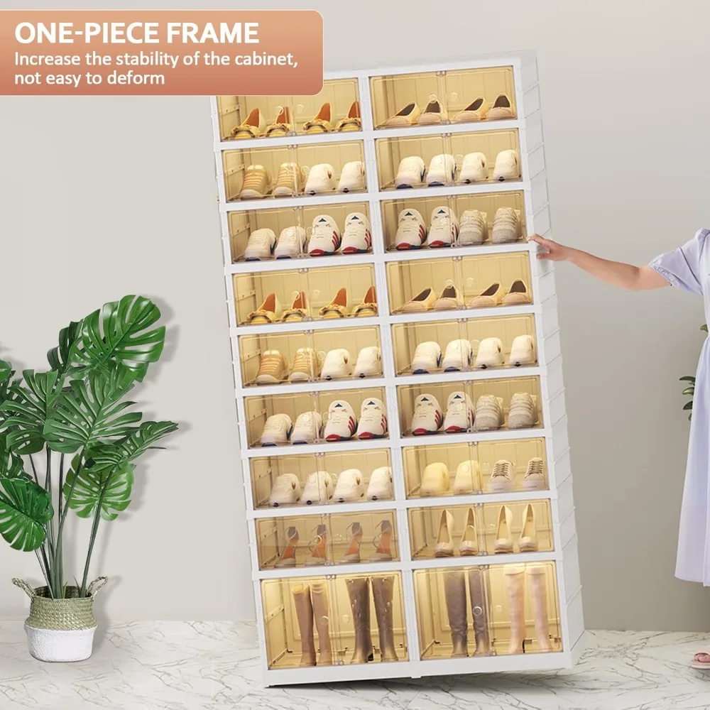 collapsible shoe rack organizer 9 tiers-36 pairs foldable shoe cabinet with doors, large plastic folding shoe cabinet, easy asse