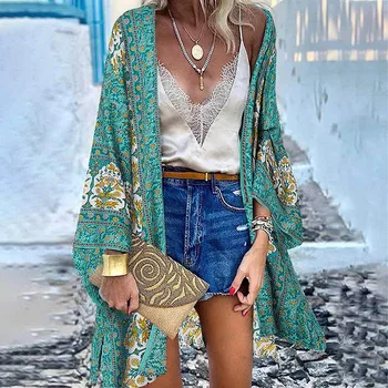 WeHello 2023 Summer Bohemian Casual Cloak Cardigan for Swimsuit woman Beach Swimwear Tops Long Sleeved Shawl Chiffon Shirt 1
