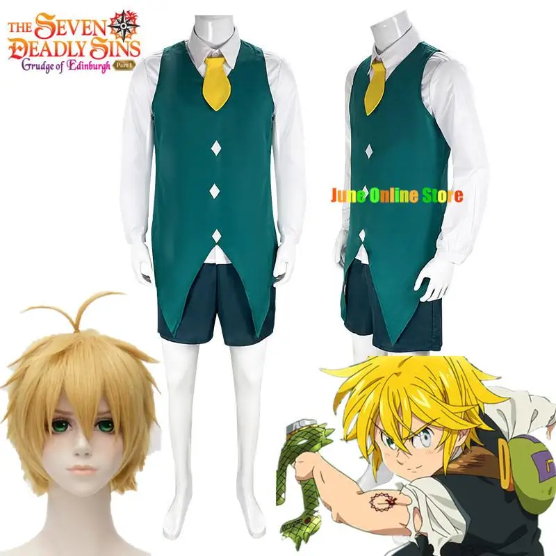 

Meliodas Cosplay Anime The Seven Deadly Sins Costume Green Shirt Vest Pants Outfits Halloween Carnival Suit Wig