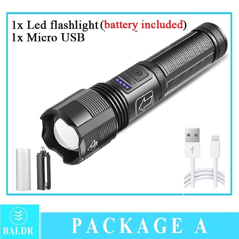 brightest flashlights BALDR Portable Zoom Led Flashlight High Power USB Rechargeable Tactical Flashlight XHP70.2 Hunting Camping Torch 5 Mode Lantern best tactical torch Flashlights