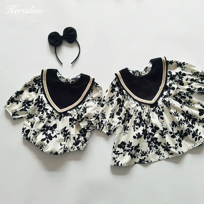Baby Girls Clothes For 0-4Y Overall Floral Print Long Sleeve Princess Dresses Rompers Birthday Party Daily Sisters Outfit |