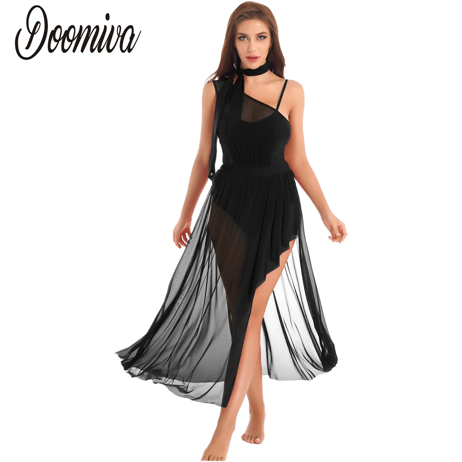 

Women Asymmetrical Ballet Leotard Split Mesh Long Dress Ballerina Dancewear Adults Modern Contemporary Lyrical Dance Costumes