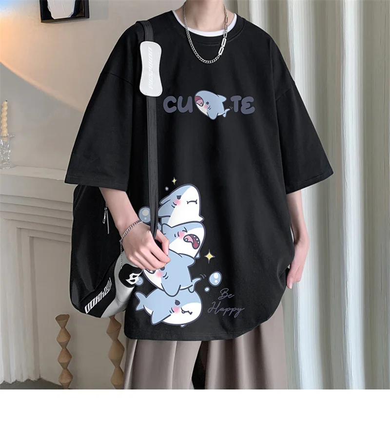 Men's Cotton T-shirts White Men Oversized T Shirt Anime Shark Print Summer Casual Wear 5XL Tee Shirts Big Size Male Clothes