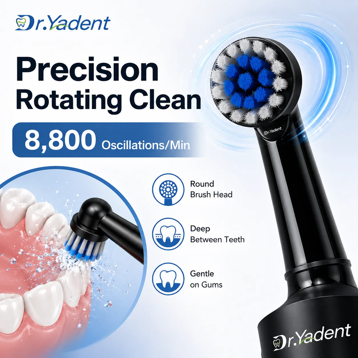 Dr.Yadent Rotating Electric Toothbrush IPX7 Waterproof 3 Modes 4 Toothbrush Head Rechargeable Battery for Adult Deeper Cleaning 2