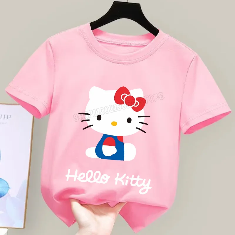 thumbnail image 1 of Camiseta de Hello Kitty para niños y niñas, ropa bonita de dibujos animados, ropa con estampado de figuras de Anime, Top rosa, regalo de verano, 1 of 5
