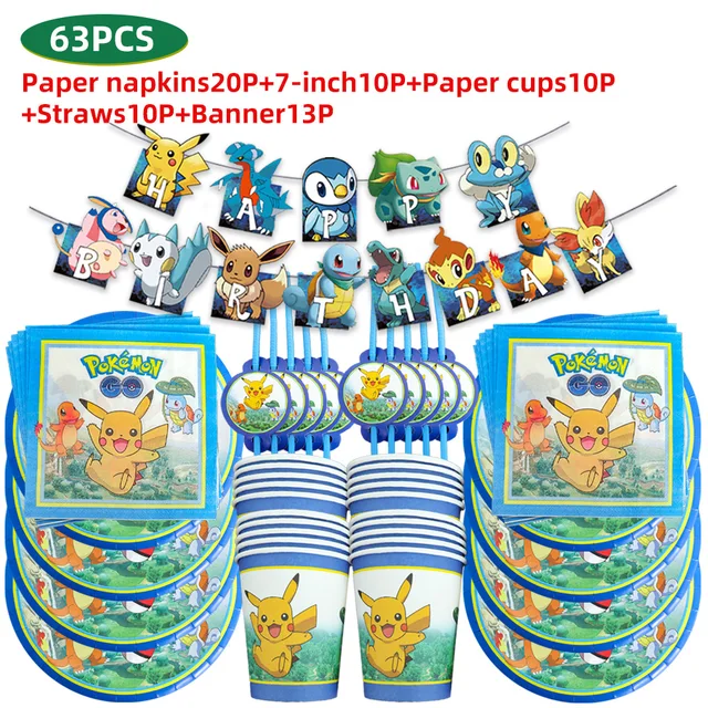 TAKARA TOMY Pikachu Pokemon Birthday Decoration Disposable Cutlery Cup Plate Napkin Tablecloth Bag Baby Shower Party Supplies 63PCS