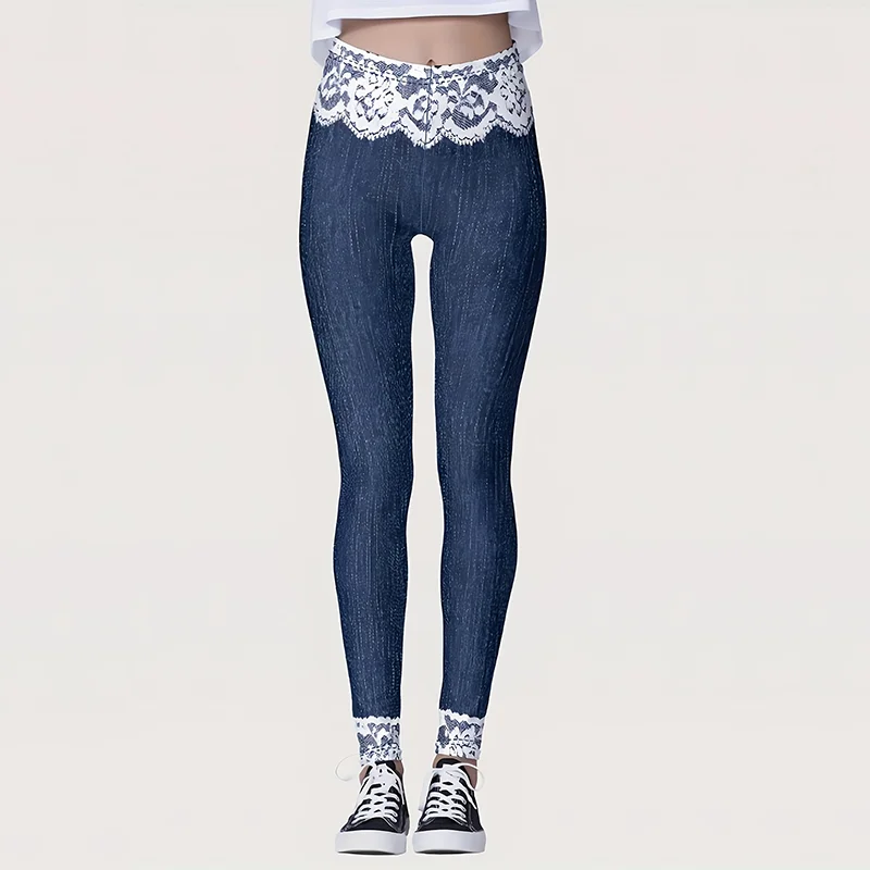 Women's Elegant and Fashionable Floral Print Faux Denim Leggings, Stylish Basic Layer Pants 1