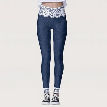 Women's Elegant and Fashionable Floral Print Faux Denim Leggings, Stylish Basic Layer Pants 1