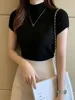 تي شيرت نسائي برقبة عالية تي شيرت عصري بلوزات غير رسمية على الطراز الكوري ملابس أنيقة بلون سادة لموسم الربيع والصيف