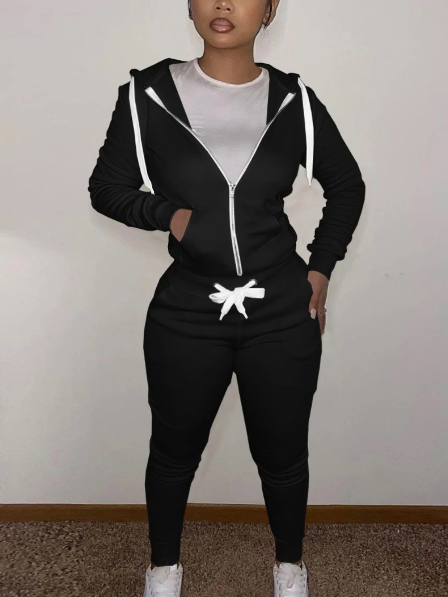 LW Sweatshirt Suits COTTON 2PC Autumn 2024 Sweat Heart Zipper Up Drawstring Tracksuit Set Hoodie Jackets+ Pants Matching Outfits