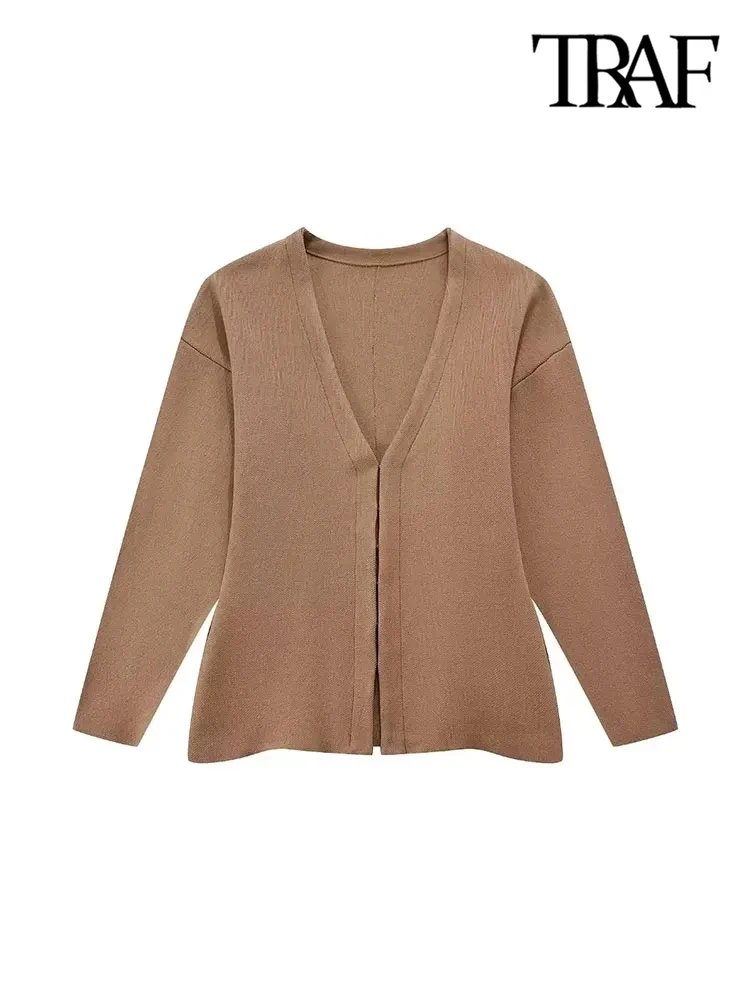 TRAF-Women's Front Hook Fitted Knit Cardigan Sweater, V Neck, Long Sleeves, Side Split Hem, Female Outerwear, Chic Tops, Fashion 6