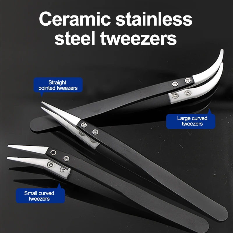 1pc Ceramic Straight Tip Electronic Soldering Tweezer Stainless Steel Handle Tweezer High-Temperature Resistance Rust-proof Tool
